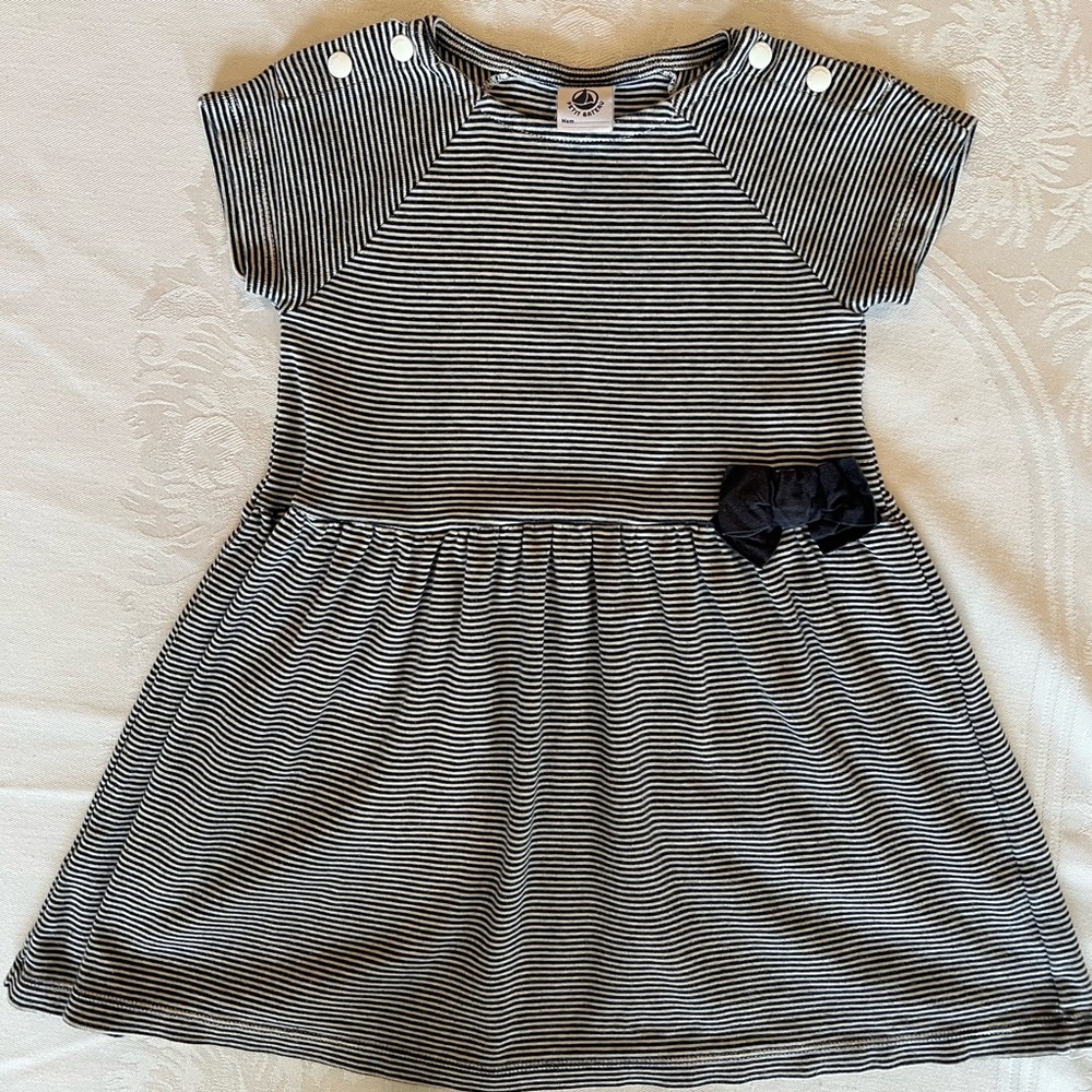 Petit Bateau Black and White Striped Girls' Knit Dress with Side Bow